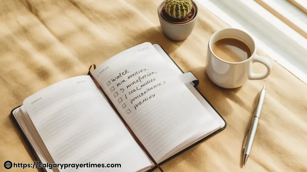 A simple morning routine schedule template showing 5-minute, 20-minute, and 60-minute versions.