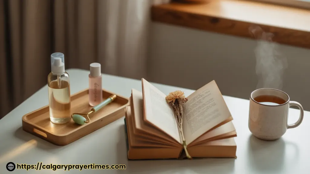A calm morning table with a skincare tray, an open book, and herbal tea