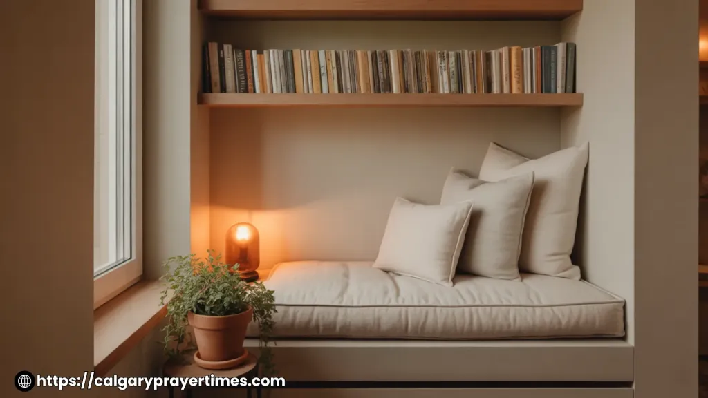 A complete small-space reading nook with a window seat cushion, floating bookshelf, warm lamp, and small plant reading corner ideas for any home