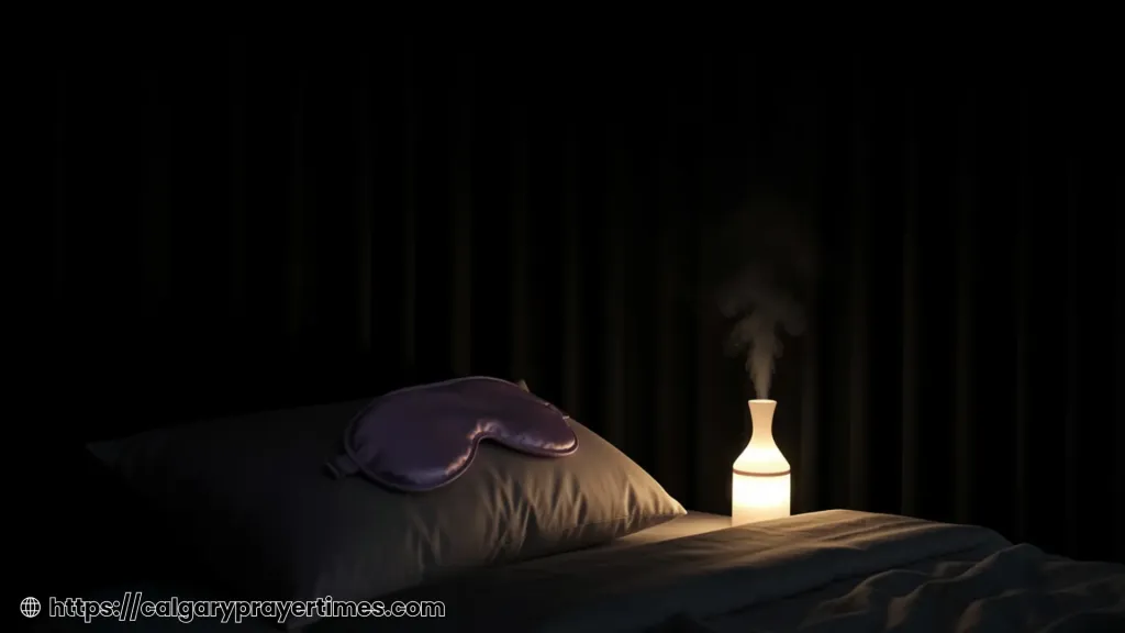 A dark bedroom with blackout curtains drawn, a silk eye mask on the pillow, and a diffuser emitting lavender mist.