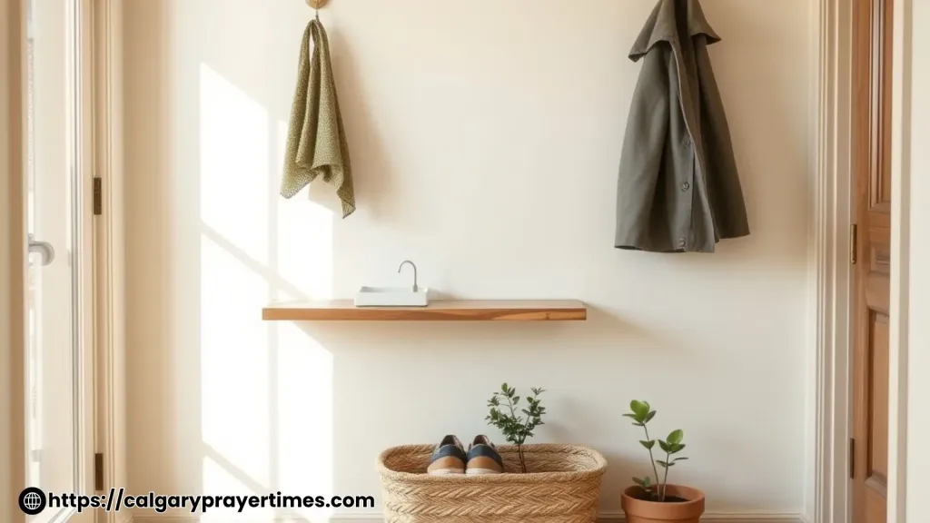 A calm clutter-free entryway with simple hooks, a basket, a key tray, and one small plant daily habits that keep a home organized and clutter-free