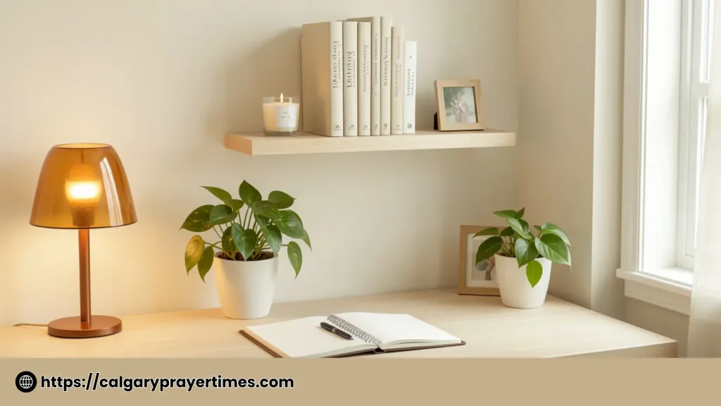 A warm styled home office corner with organised bookshelves, a small plant, a warm lamp, and a clean desk surface.