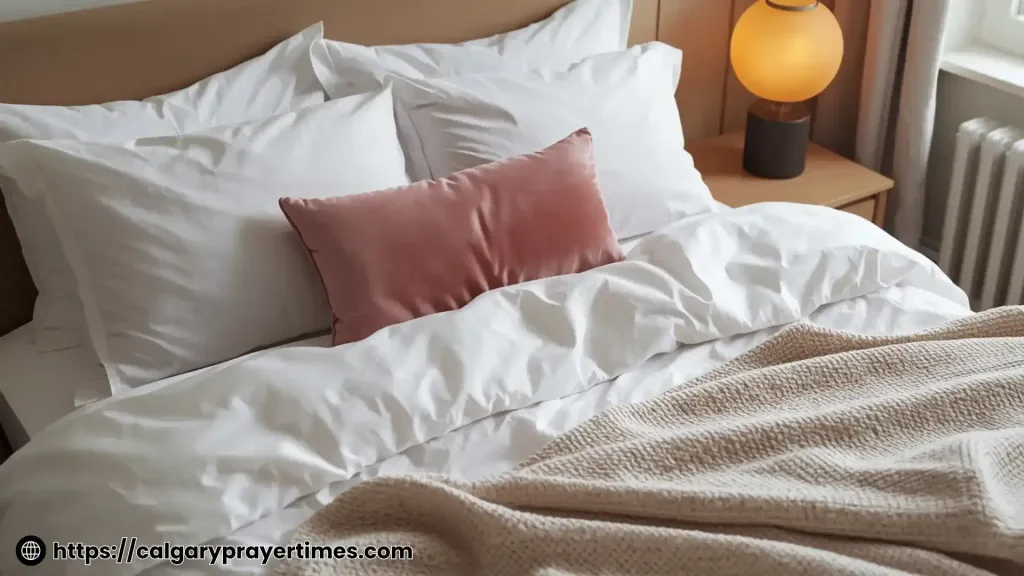 A beautifully made bed with white linen bedding, a velvet cushion, and a warm bedside lamp