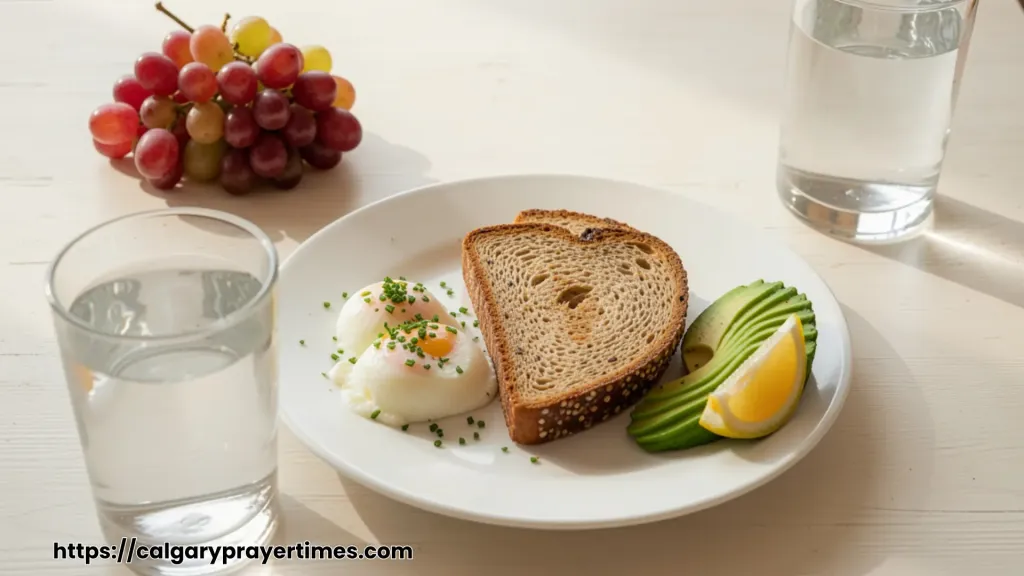 A balanced breakfast plate with scrambled eggs, avocado, and whole grain toast in morning natural light  natural energy boosting meal without caffeine