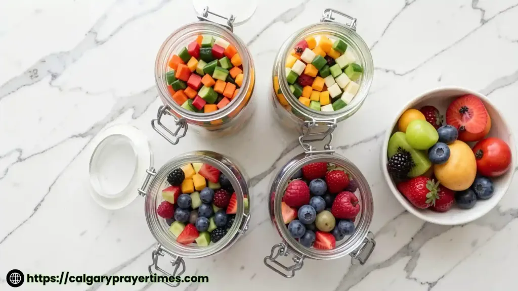 Colorful meal prep ingredients in glass jars and containers on a bright kitchen counter on Sunday.