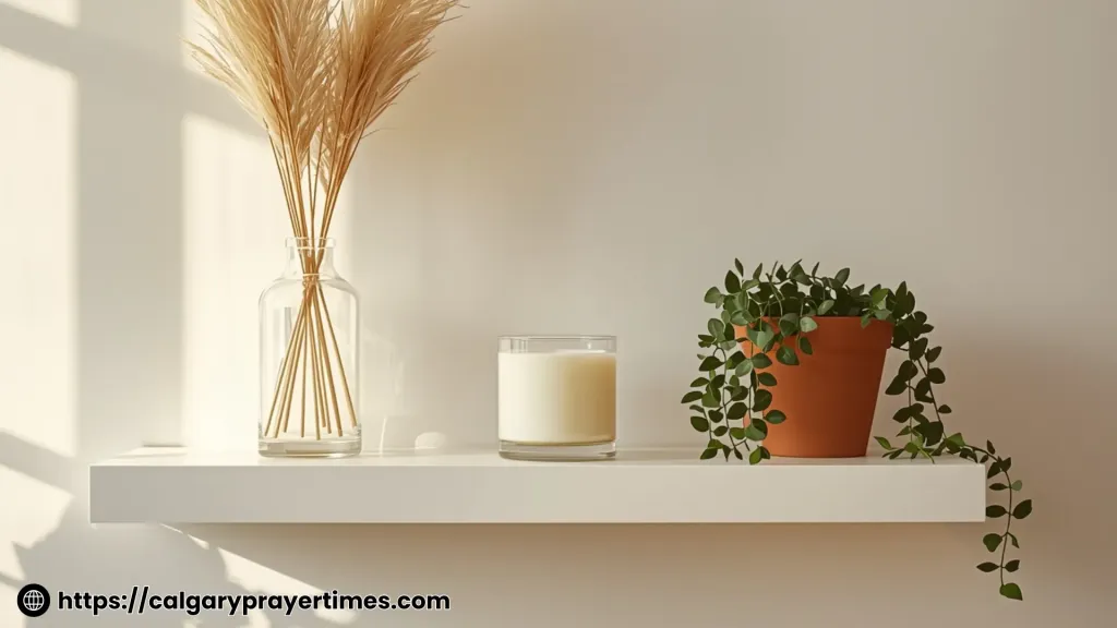 A styled shelf with a tall vase of dried flowers, a small candle, and a trailing plant arranged in an odd-number grouping in warm light