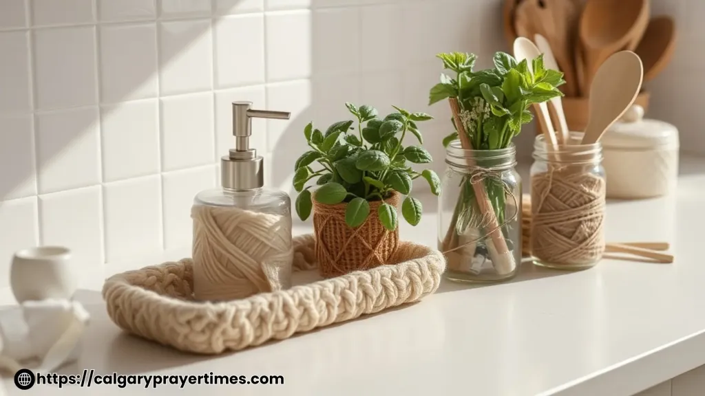 A calm clutter-free kitchen counter with a bamboo tray, one plant, a glass jar, and completely clear surfaces the result of 10 simple daily habits for a clutter-free home