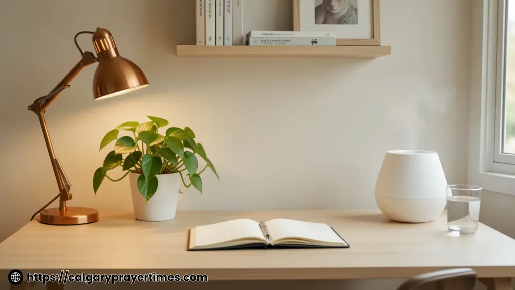 A fully styled cozy home office desk with a warm lamp, small plant, notebook, diffuser, and clean cable-free surface.