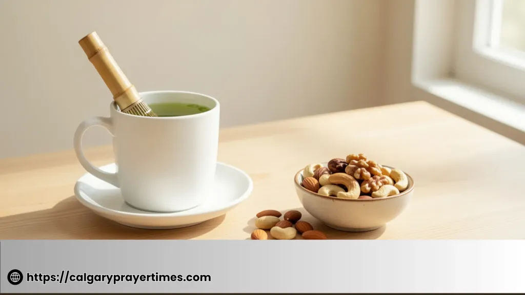 An afternoon break setup with a cup of green tea, a small bowl of mixed nuts, and natural window light — natural energy boosters without caffeine for sustained afternoon energy