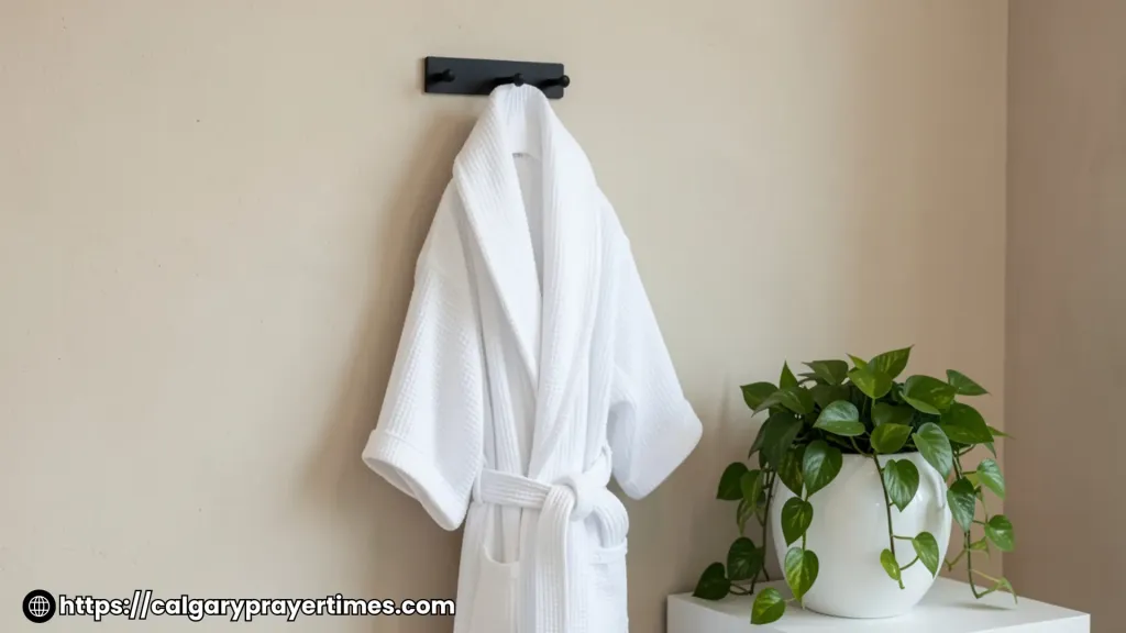 A luxurious bathroom corner with a lit candle, a folded white robe, a trailing plant, and warm ambient lighting