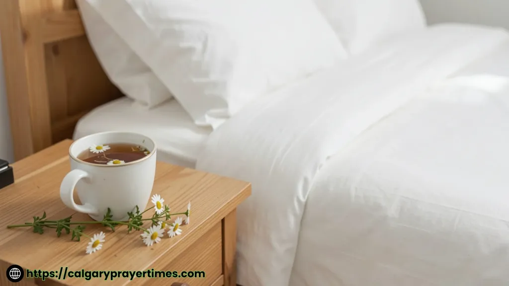 A cozy Sunday evening scene with a lit soy candle, herbal tea, and open gratitude journal on a bedside table.