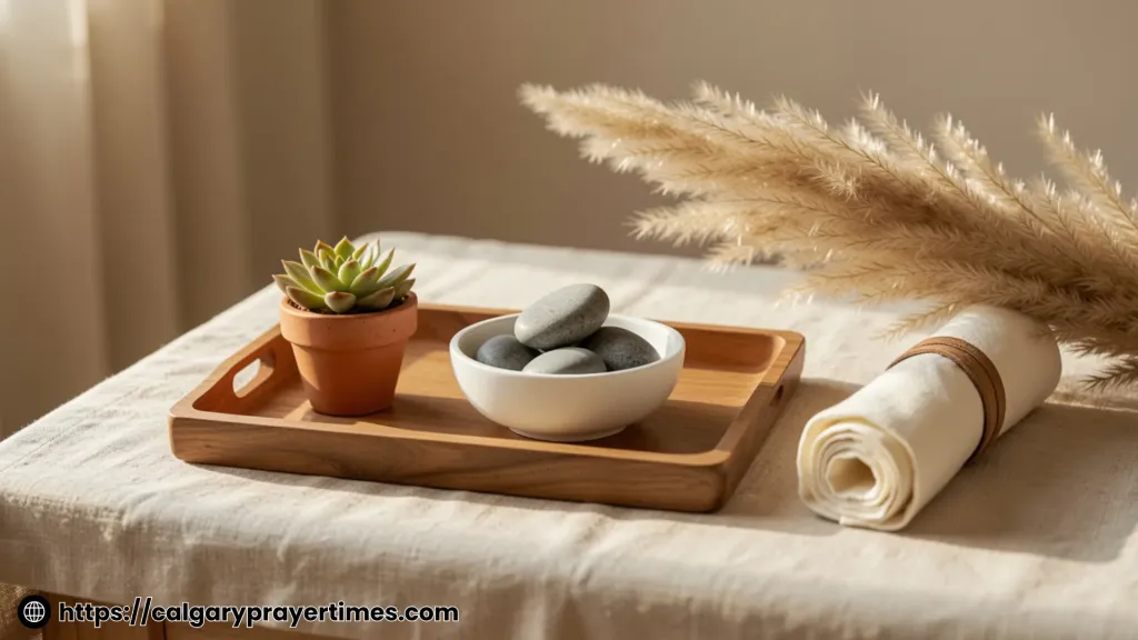 A coffee table styled with a wooden tray, small plant, linen runner, and stone bowl in natural light natural elements for a calm and peaceful home environment