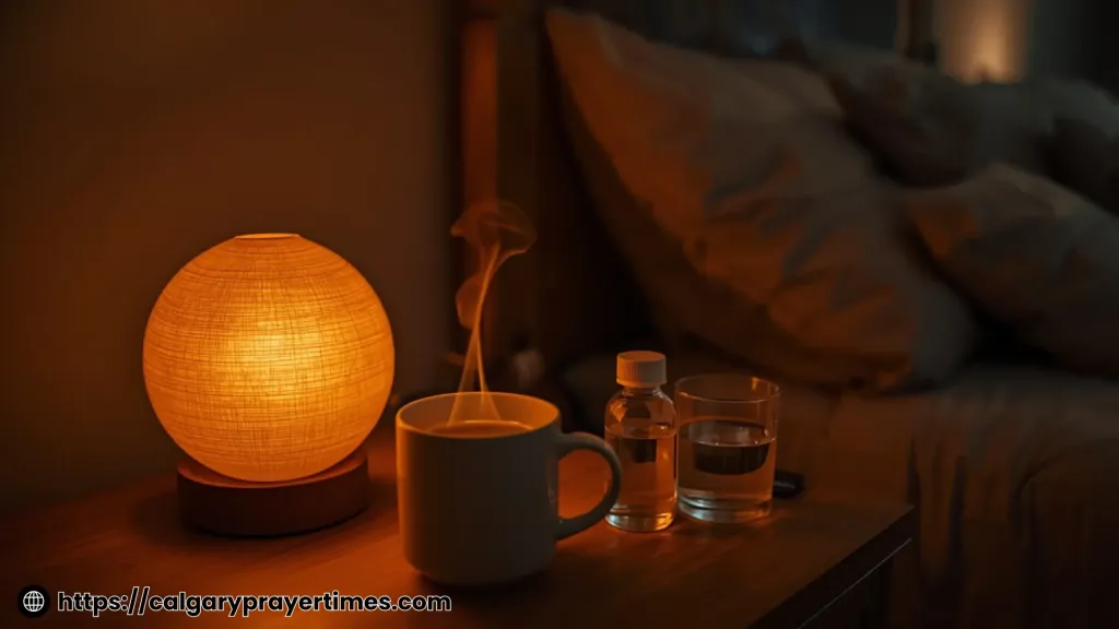 A dim evening bedroom with a warm lamp, a cup of herbal tea, and magnesium supplement on a nightstand