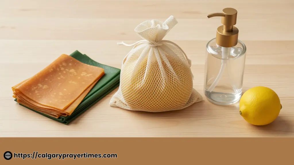 A kitchen counter with beeswax food wraps, reusable produce bags, and a refillable glass soap dispenser