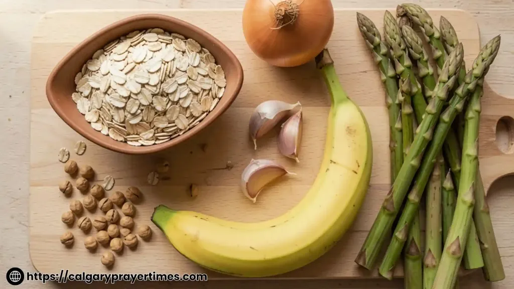 A flat lay of high-fiber prebiotic foods including oats, garlic, banana, and chickpeas on a wooden board .