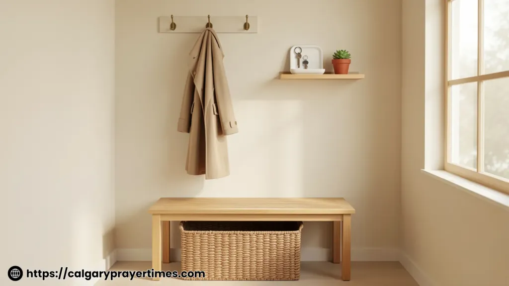 A calm, clear entryway with a wooden bench, neatly hung coat, a small plant, and a key tray simple ways to create a peaceful transition zone in your home