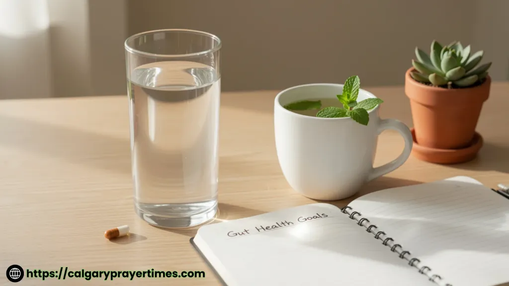 A morning desk scene with a glass of water, a probiotic supplement capsule, and herbal tea beside a journal.