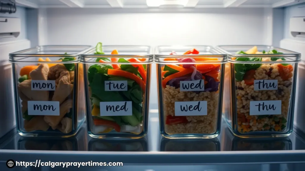 An organized fridge shelf with labelled glass meal prep containers full of protein bowls ready for the week