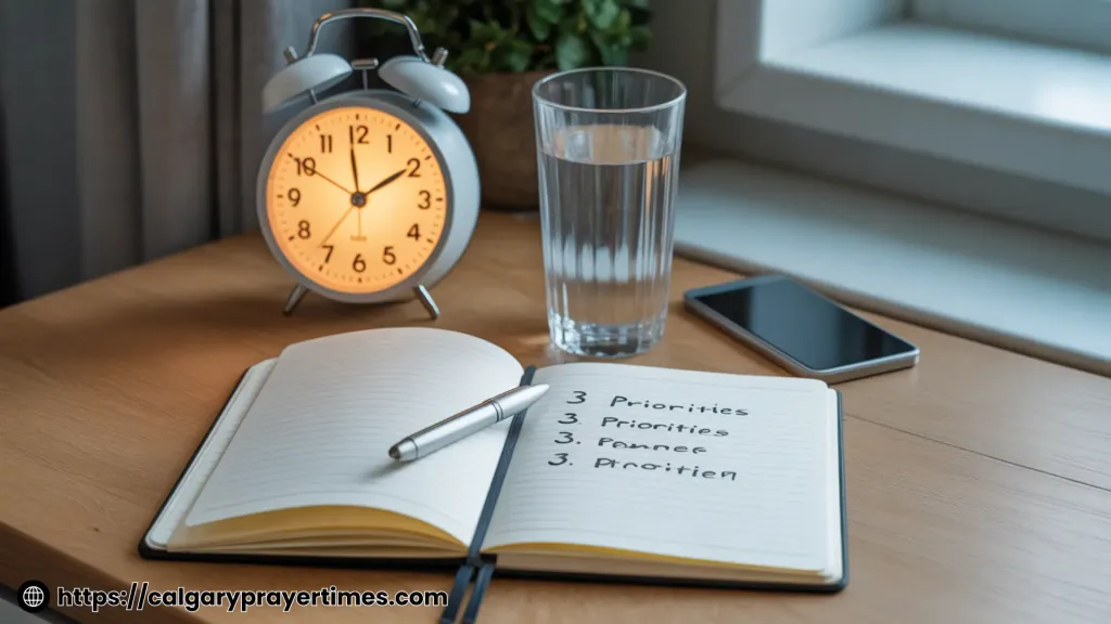 A bright, calm morning scene with a sunrise alarm clock, a glass of water, and a prepared notebook on a clean desk