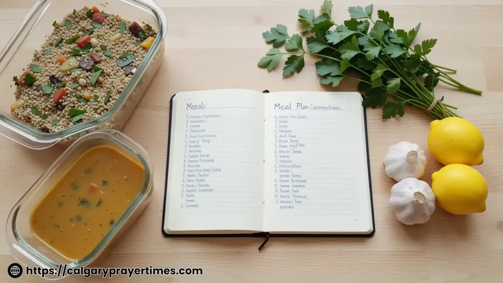 A kitchen scene with glass meal prep containers, a weekly meal plan notebook, and fresh groceries.