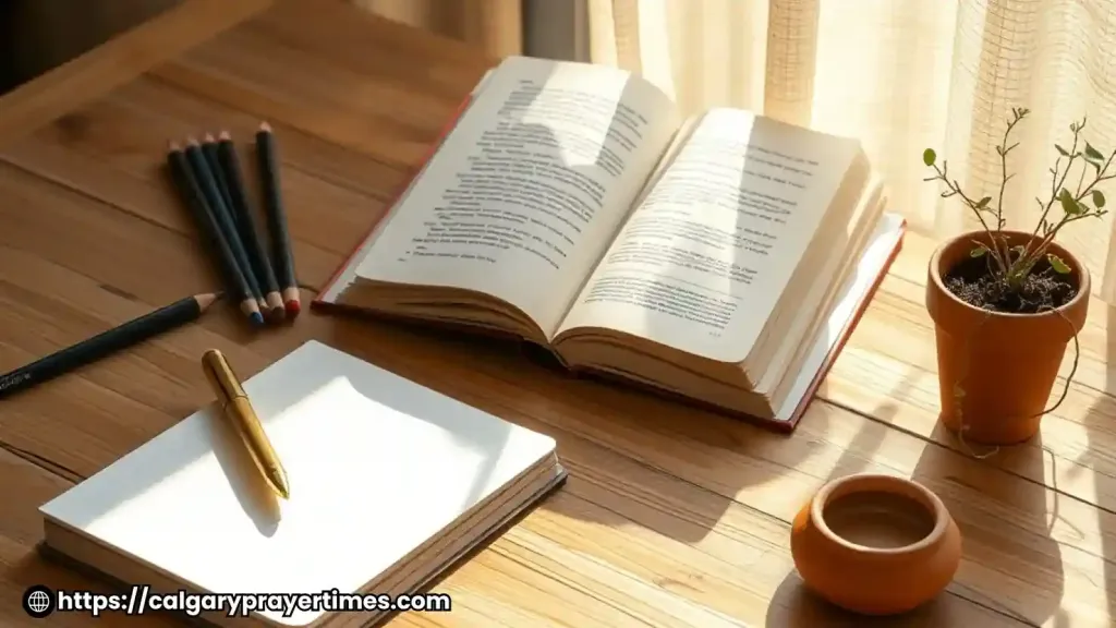 A creative lifestyle scene with an open journal, coloured pencils, an open book, and a small plant