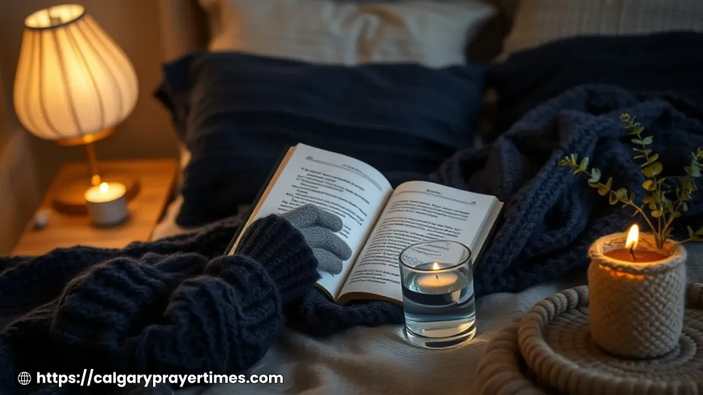 A calm, peaceful evening bedroom scene with an open book, a lit candle, and no phone visible 