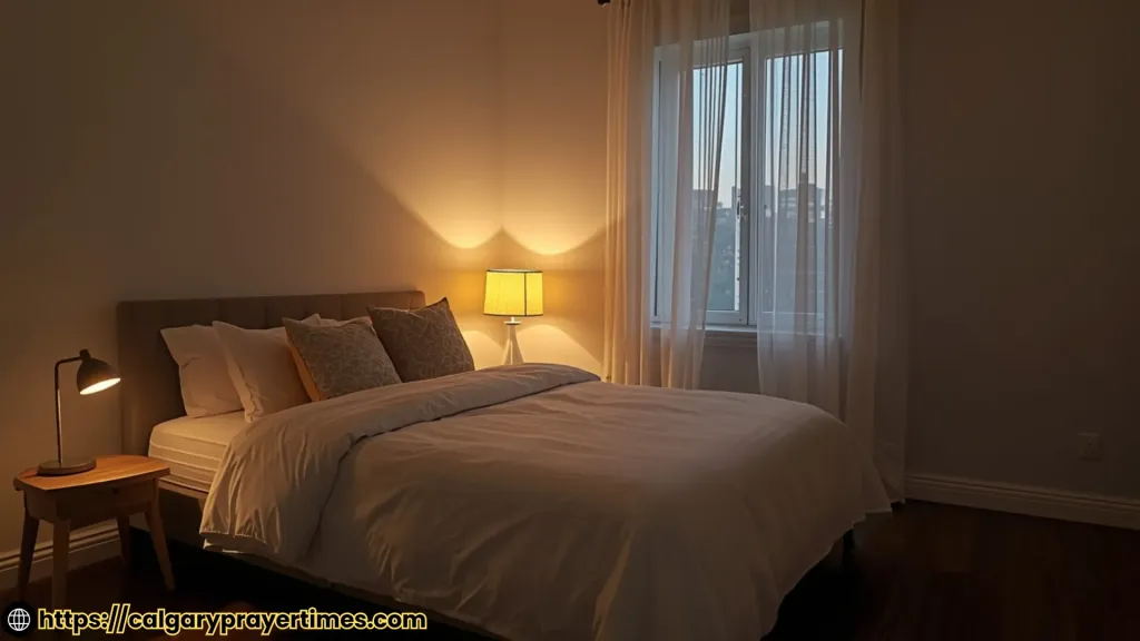 Calm bedroom with soft light.