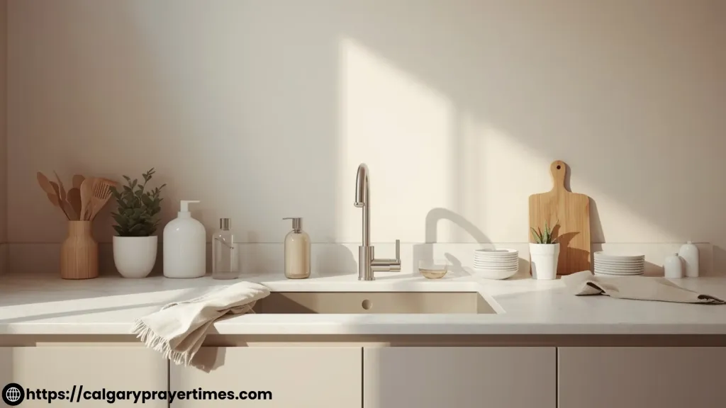 Clean kitchen with organized sink.