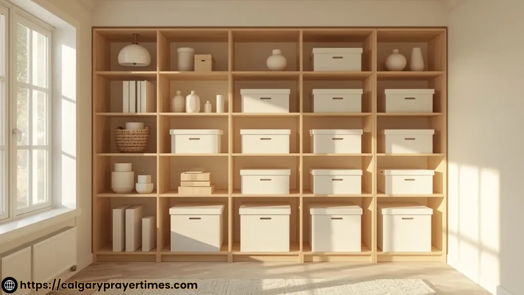 Storage boxes neatly arranged on shelves.
