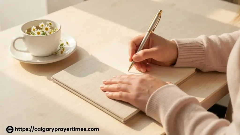 Hands writing in a gratitude journal by a sunny morning window with a cup of herbal tea beside it.
