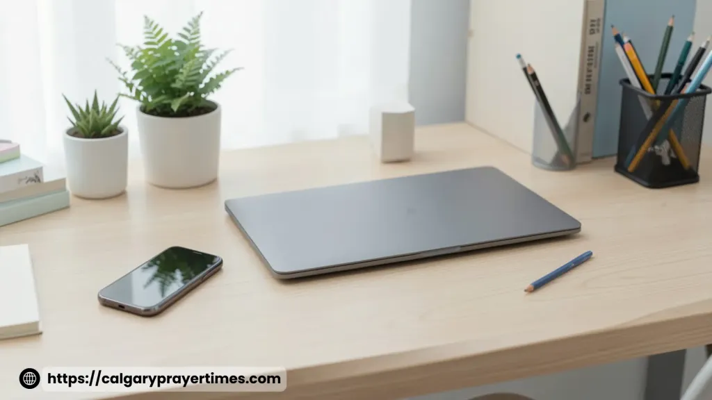 Phone kept away from desk to avoid distraction.