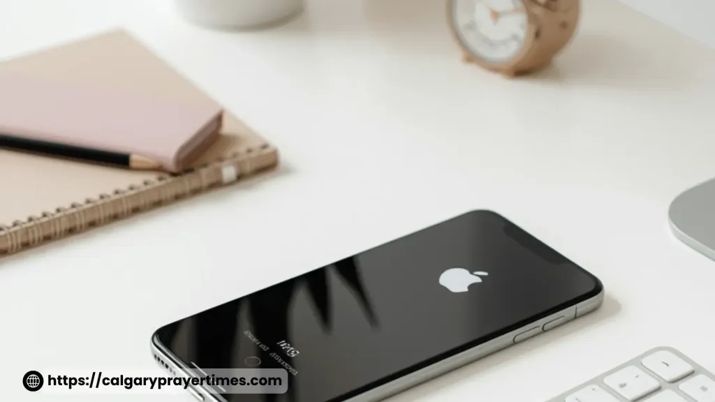 Phone placed away from workspace.