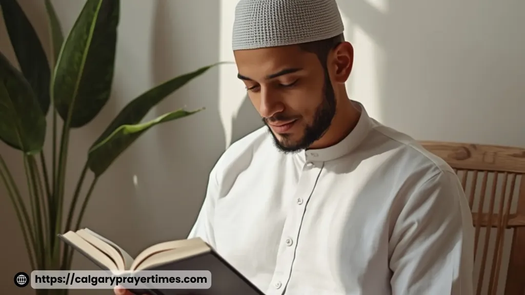 Person reading book in calm environment.