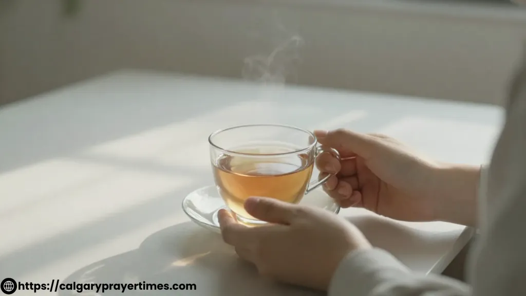 Person relaxing with tea in calm sunlight.