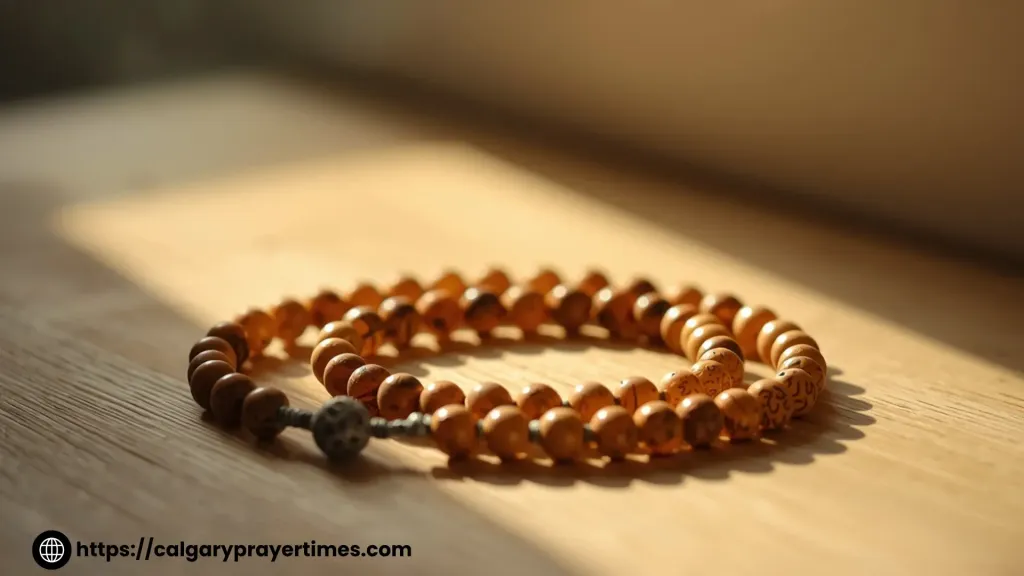 Tasbeeh beads in calm light.