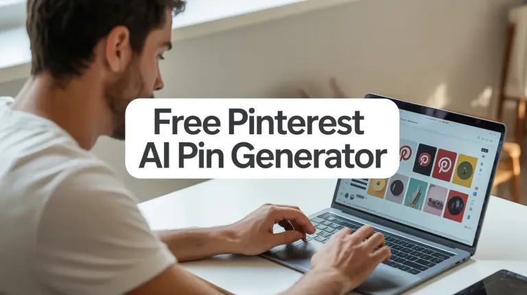 Free Pin Image Prompt Generator tool interface showing AI-generated Pinterest pins on a laptop screen in a modern home office