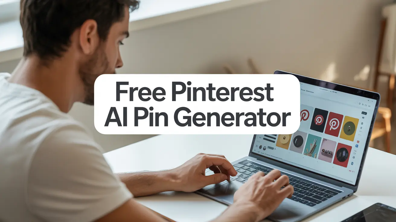 Free Pin Image Prompt Generator tool interface showing AI-generated Pinterest pins on a laptop screen in a modern home office